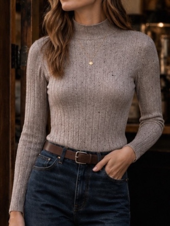 Madewell Sweaters - Ribbed Mock Neck Top Knit Sweater Beige Speckled‎ Long Sleeve